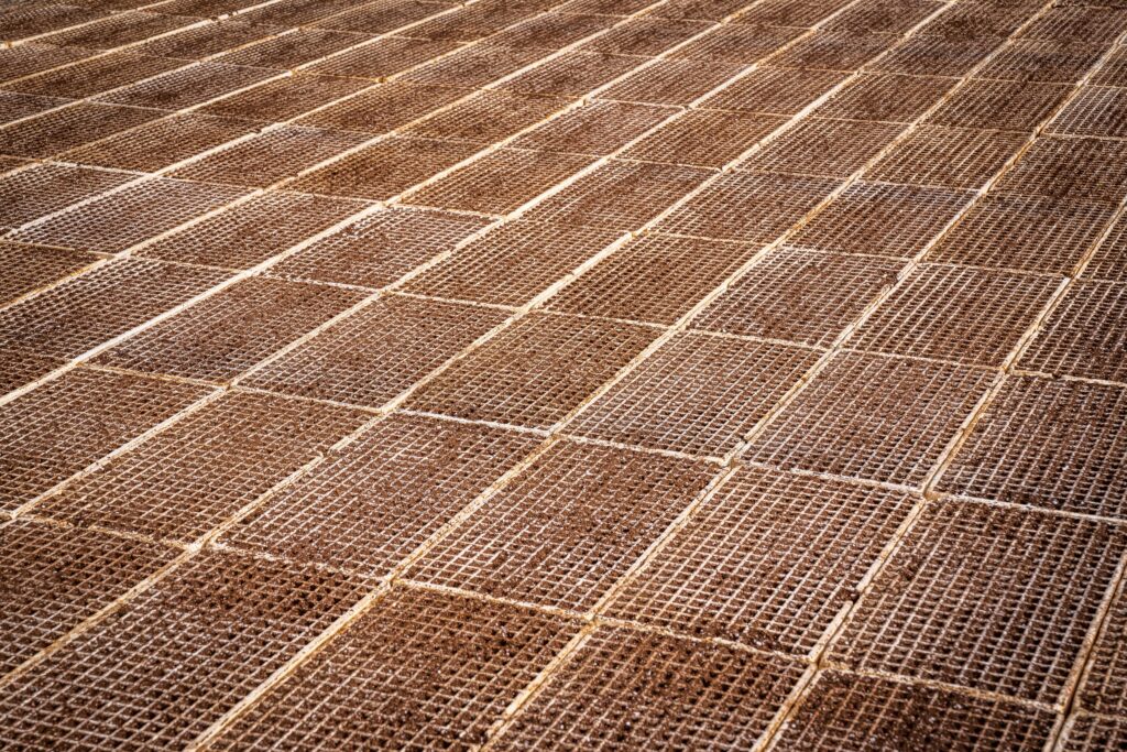 Close-up view of textured steel mesh grid pattern. Ideal for construction industry concepts.