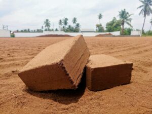 Close-up of coconut coir peat blocks on farmland in Omalur, India, used for gardening and agriculture.
